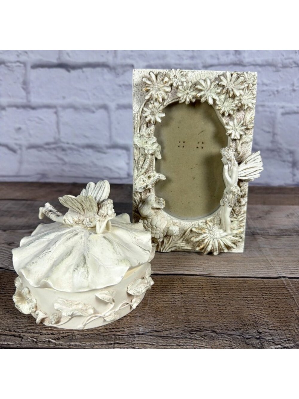 VTG 1990s Fairy Daisy 3D Ivory Resin Set Picture Photo Frame Lidded Trinket Box - Picture 9 of 15